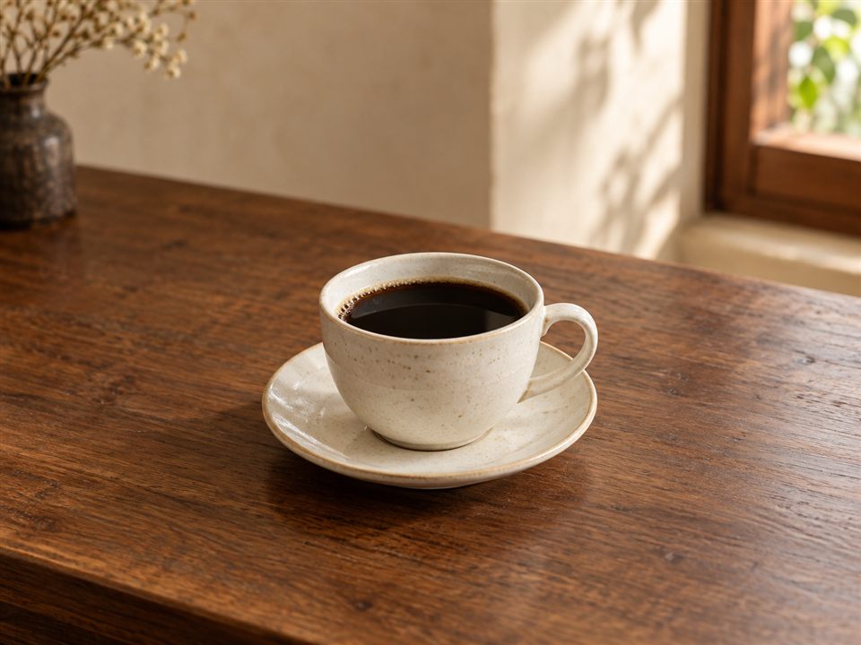 木のテーブルに置かれた白い陶器のカップと、こもれびブレンドのコーヒー