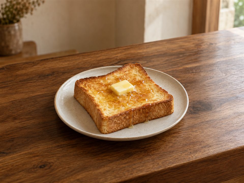 白い皿に盛られた、はちみつとバターを添えた厚切りトースト